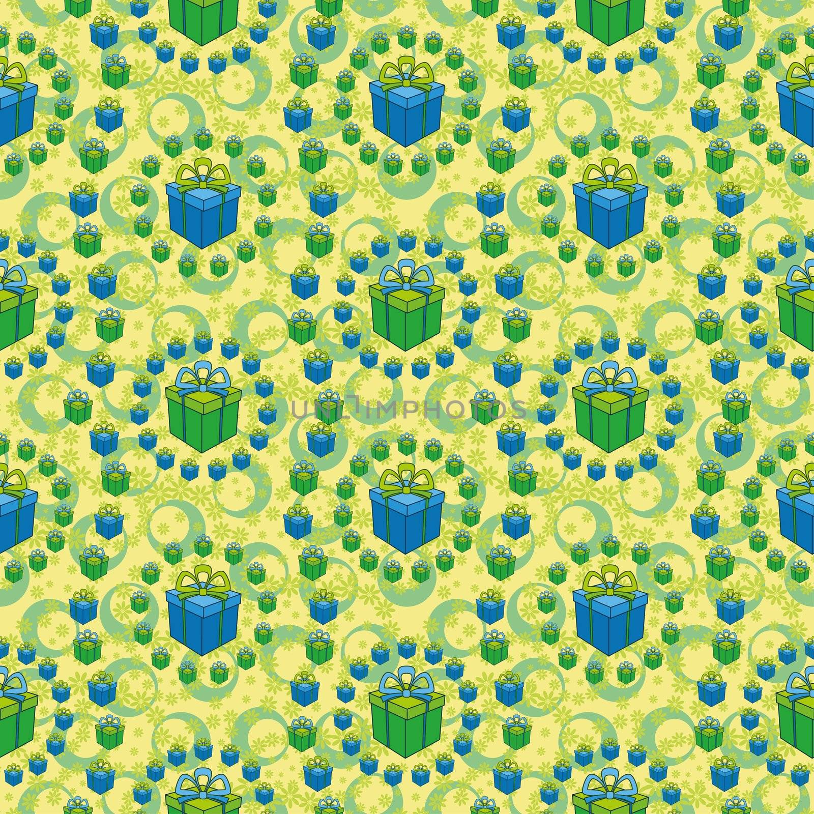 Holiday seamless background with a pattern of festive gift boxes, flowers and circles.