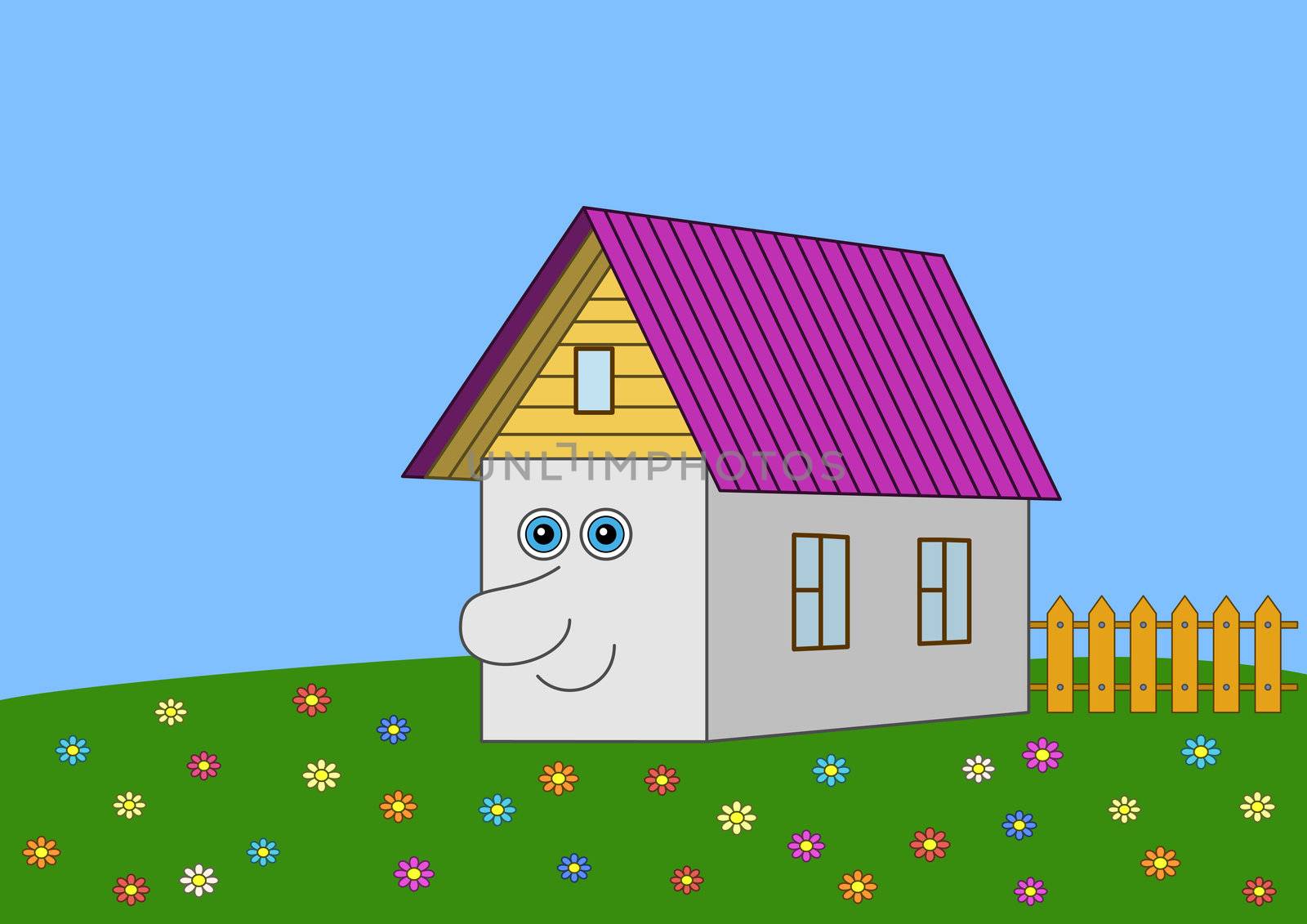 The cheerful house with a human face on a green blossoming summer meadow