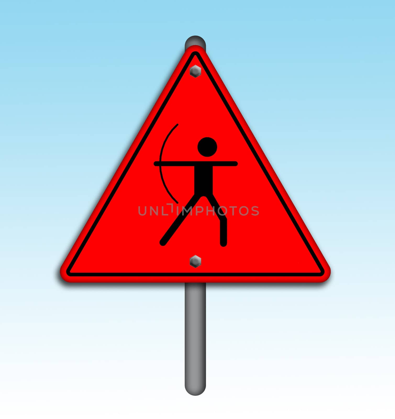 Archery icon in traffic plate isolated on sky background.