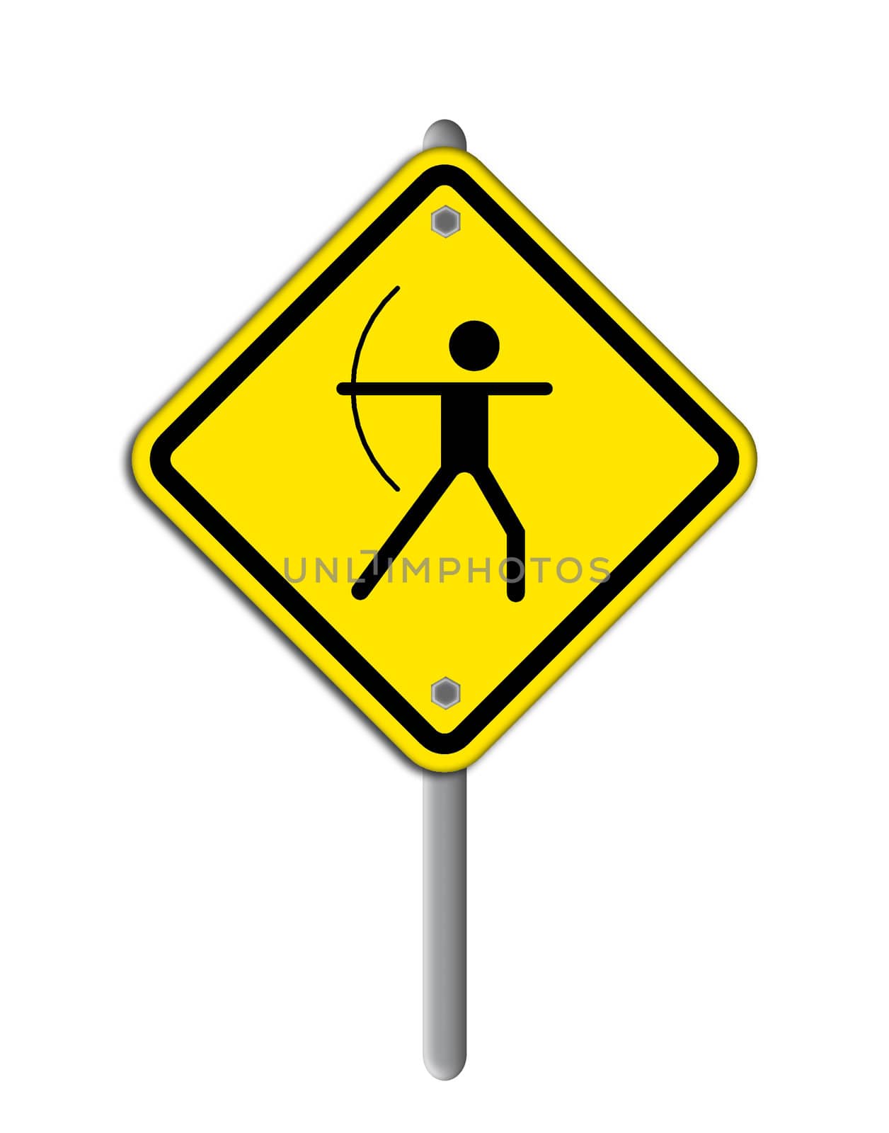 Archery icon in traffic plate isolated on white background.