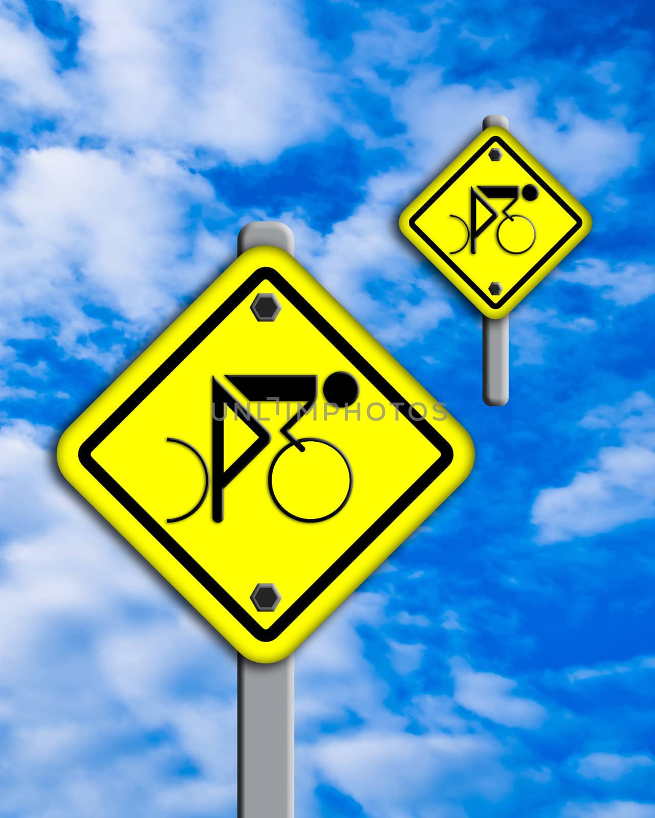 Bike  icon in traffic plate isolated on sky background.