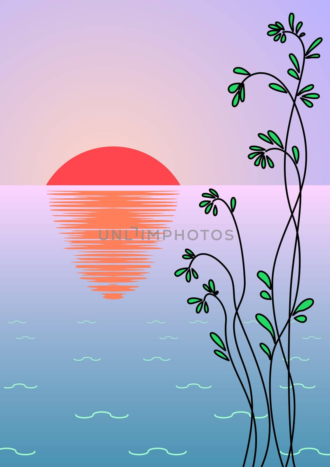 Landscape, green plant against sea water and red sun
