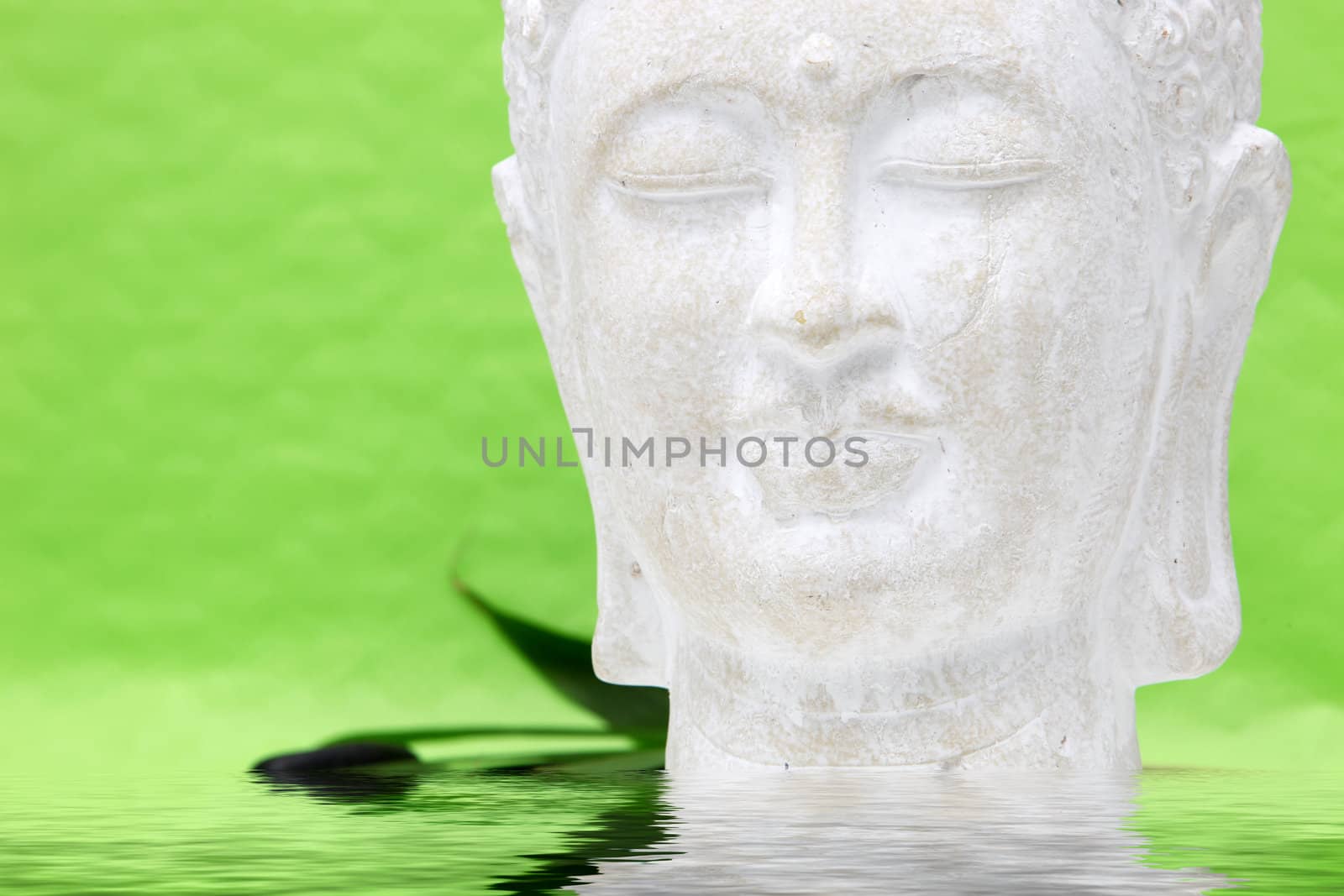 Head of meditating yoga statue with water reflection