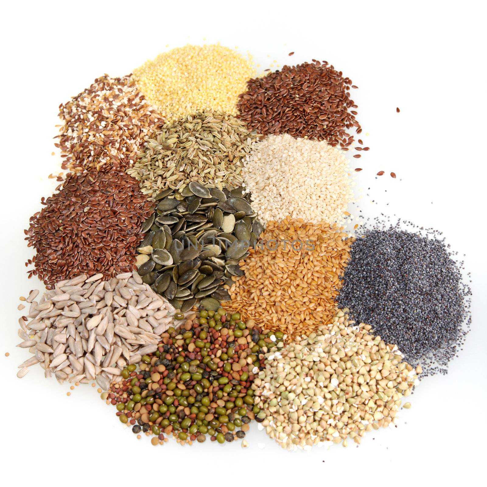 Overhead view of a large assortment of edible raw seeds including shelled and whole sunflower, poppy, legumes, sesame and linseed used as a seasoning and ingredient in cooking or for their oil content