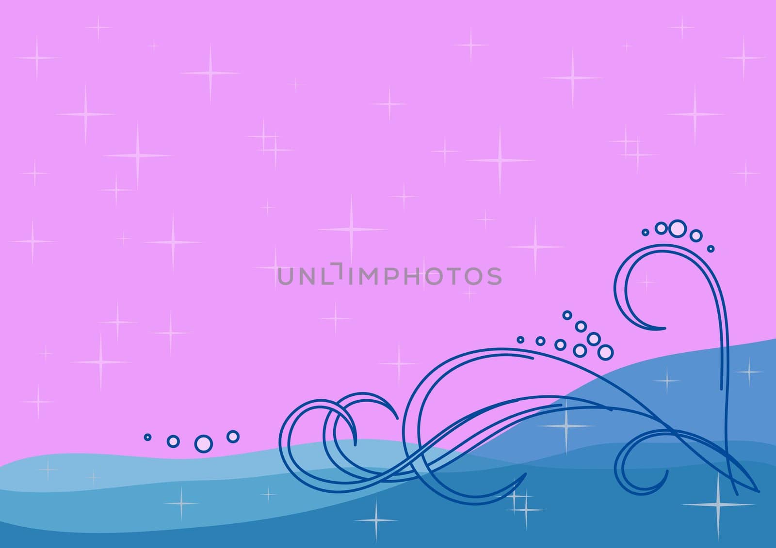 Abstract background, sea waves: stars, curls, lines, bubbles