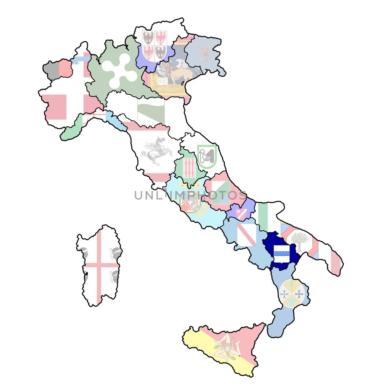 basilicata region on administration map of italy with flags