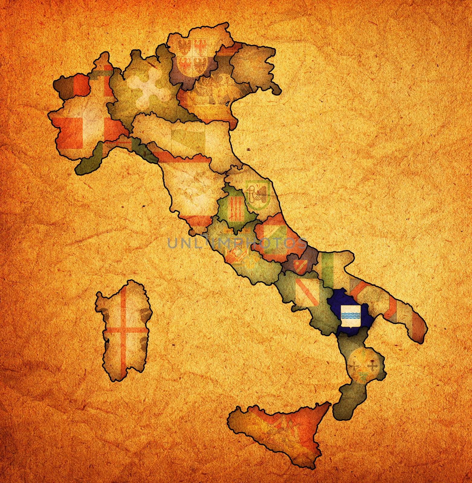 basilicata region on administration map of italy with flags