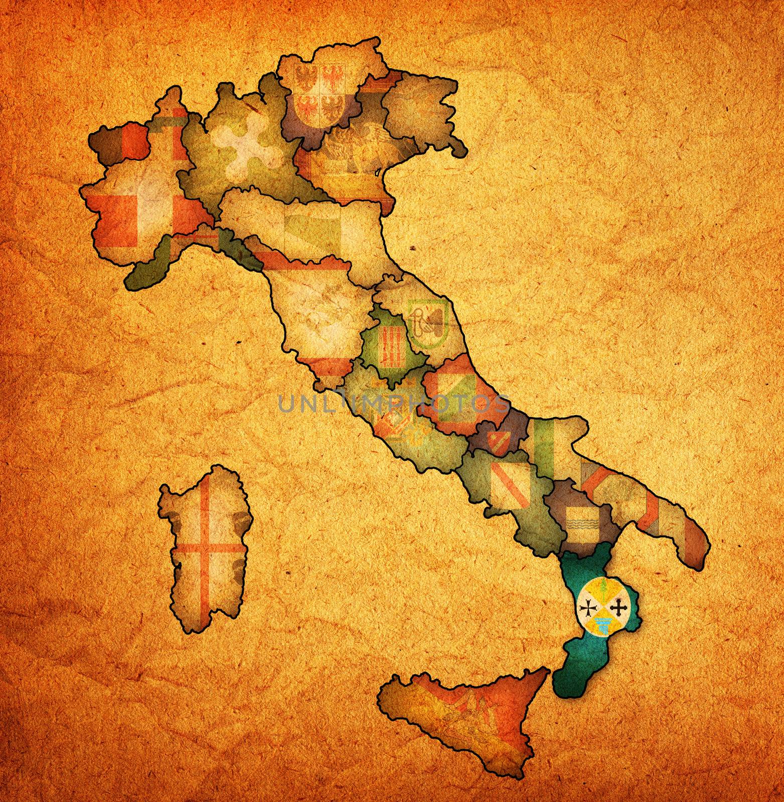 calabria region on administration map of italy with flags