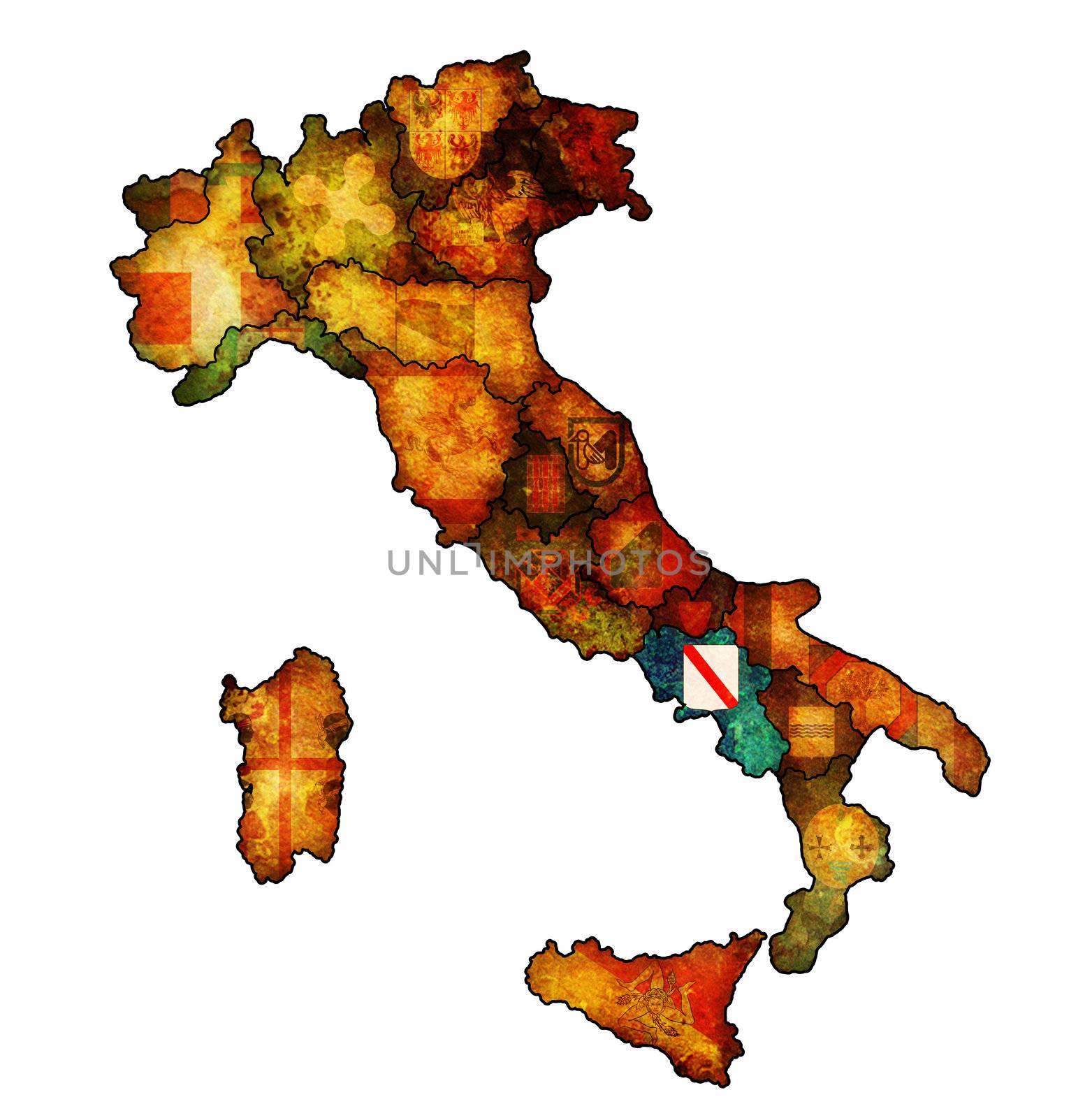 campania region on administration map of italy with flags