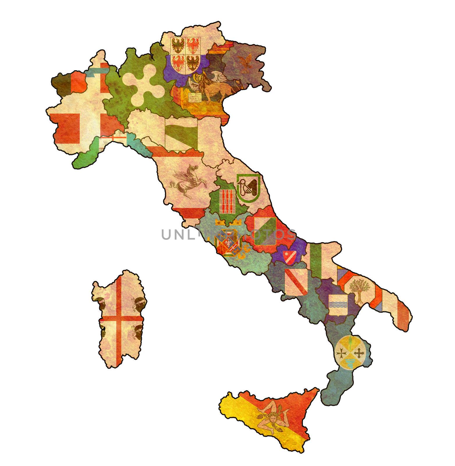 all regions on administration map of italy with flags