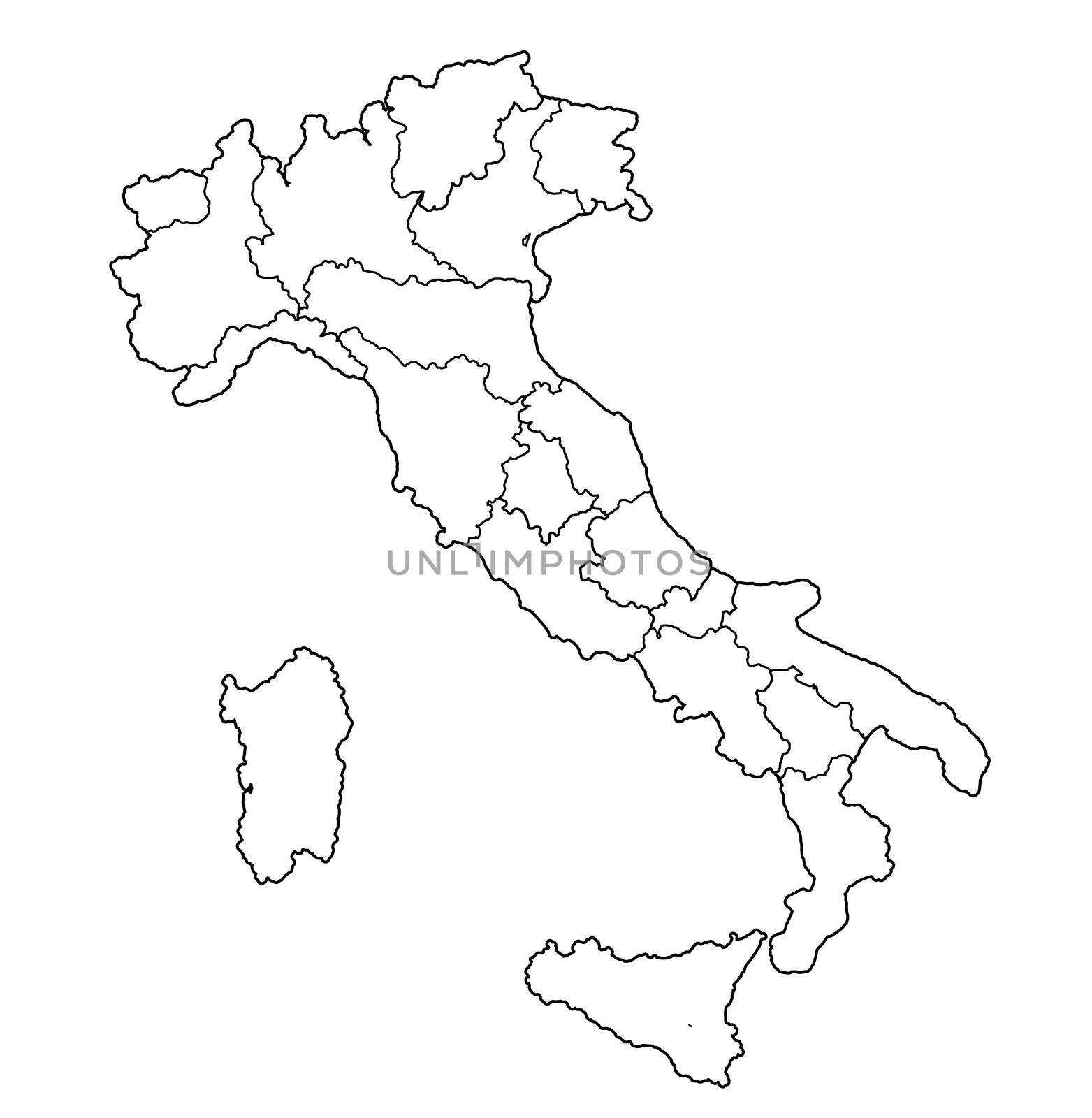 all regions on administration map of italy with flags