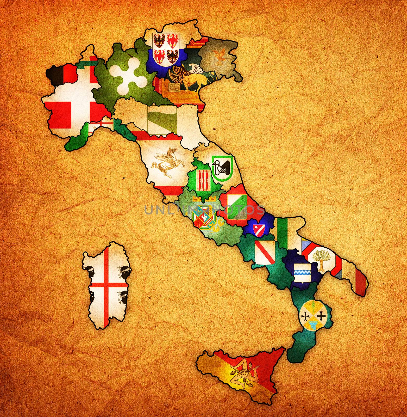 all regions on administration map of italy with flags