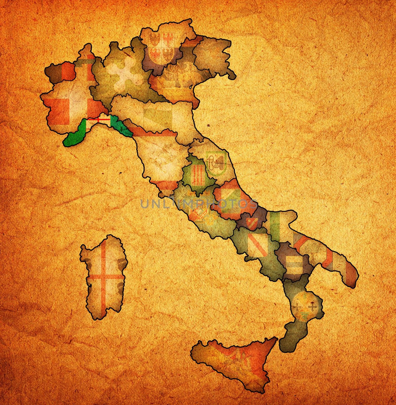 liguria region on administration map of italy with flags