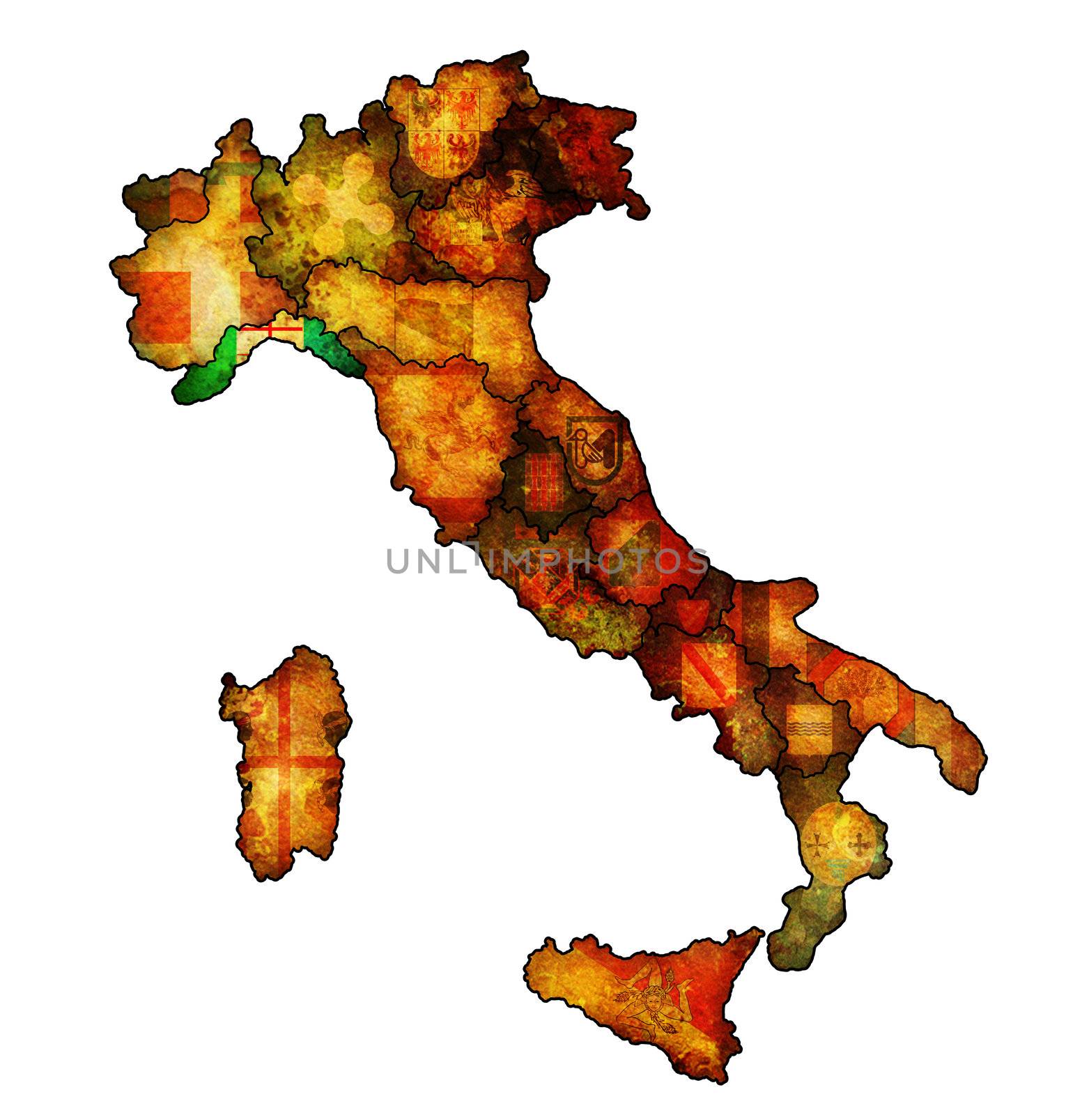 liguria region on administration map of italy with flags