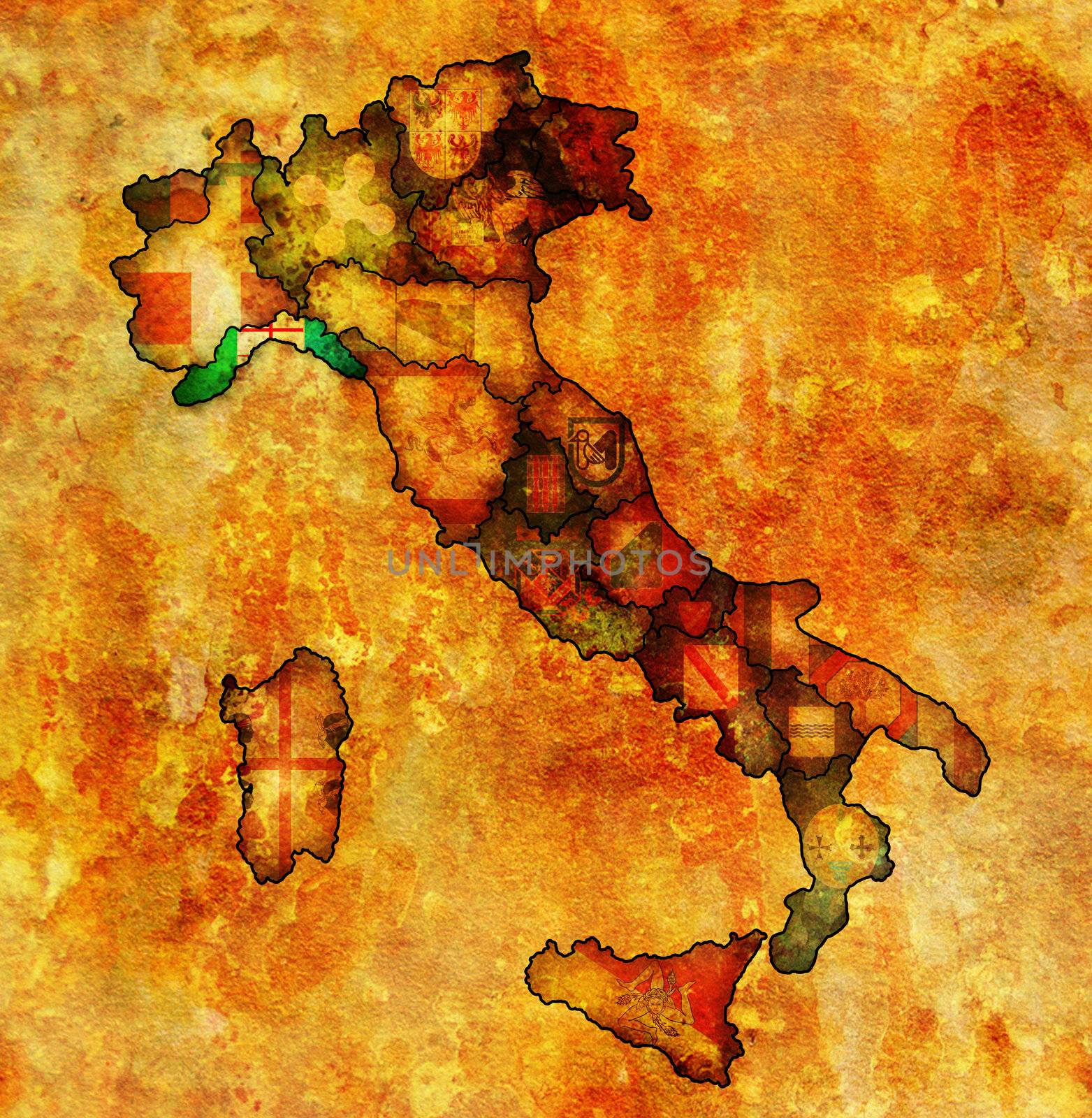 liguria region on administration map of italy with flags