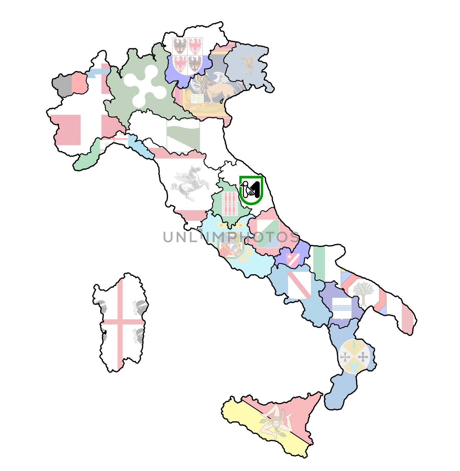 marche region on administration map of italy with flags