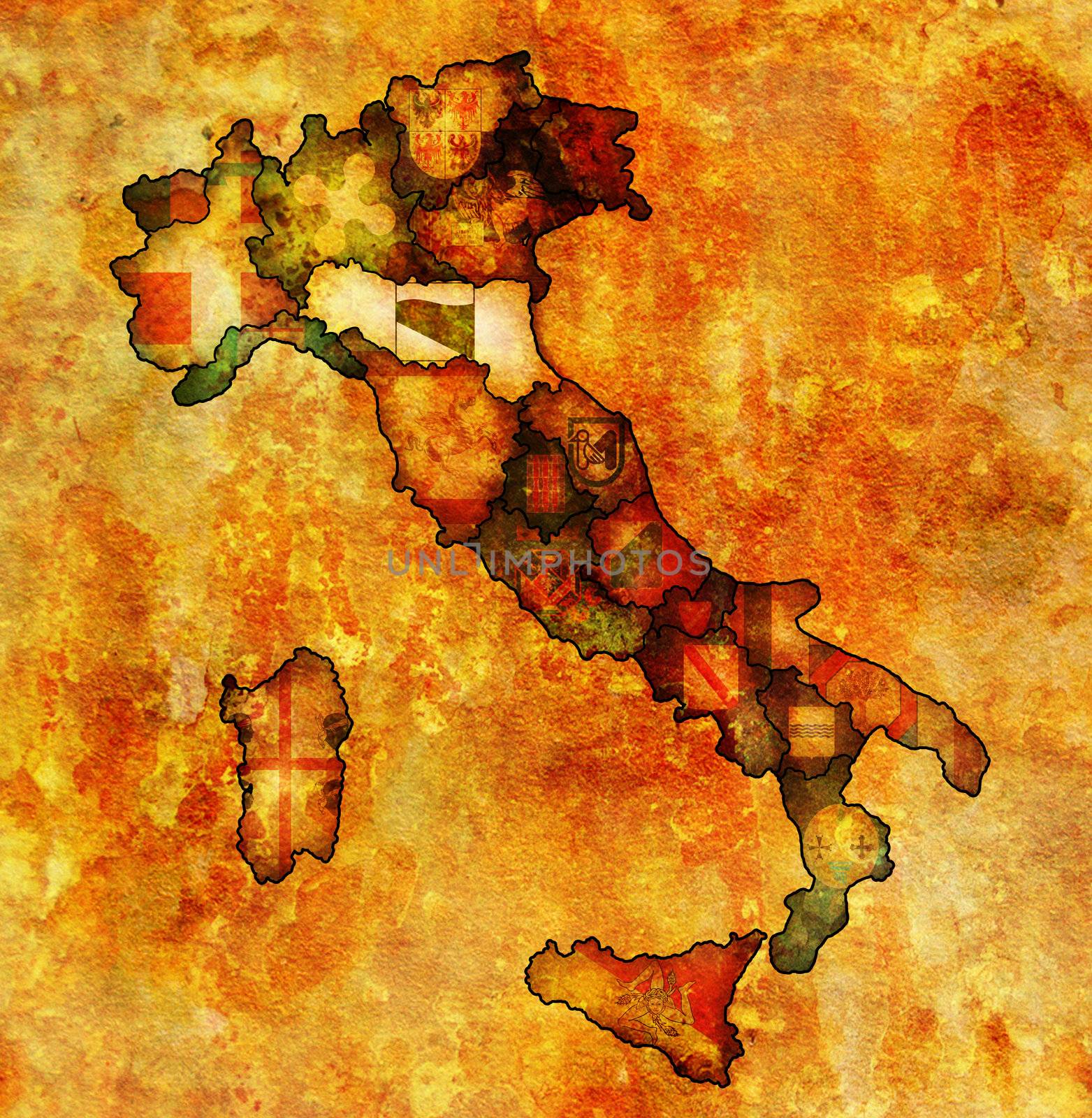 emilia romagna region on administration map of italy with flags