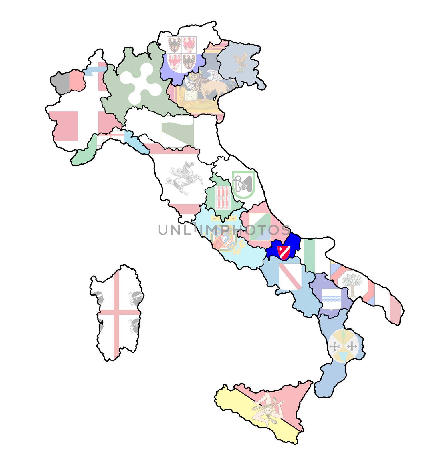 molise region on administration map of italy with flags