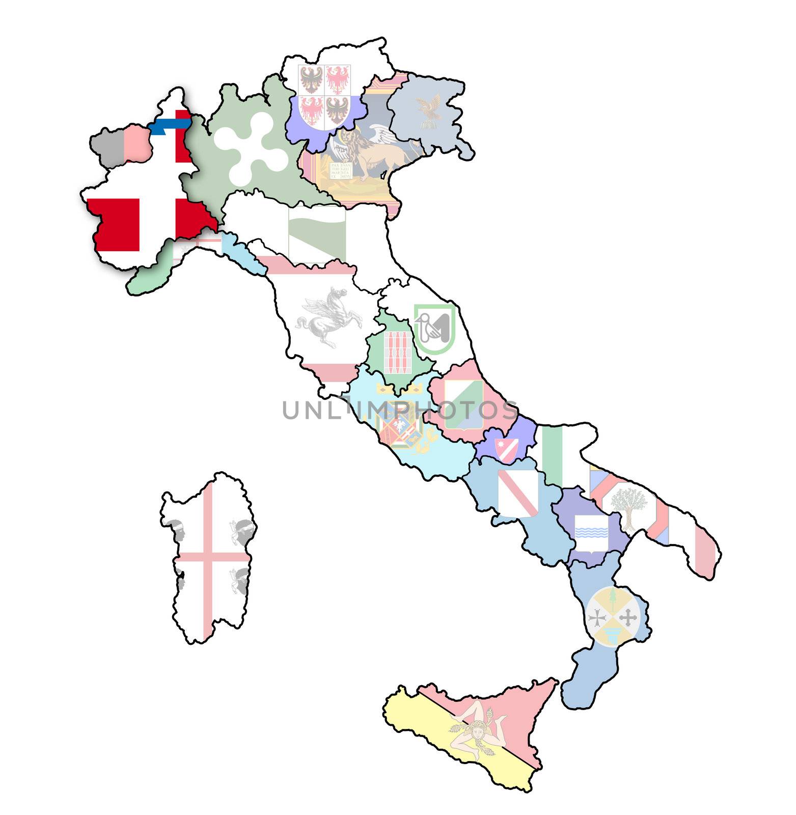 piedmont region on administration map of italy with flags