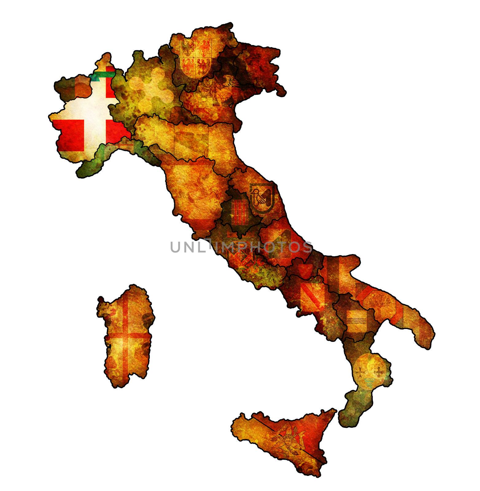 piedmont region on administration map of italy with flags