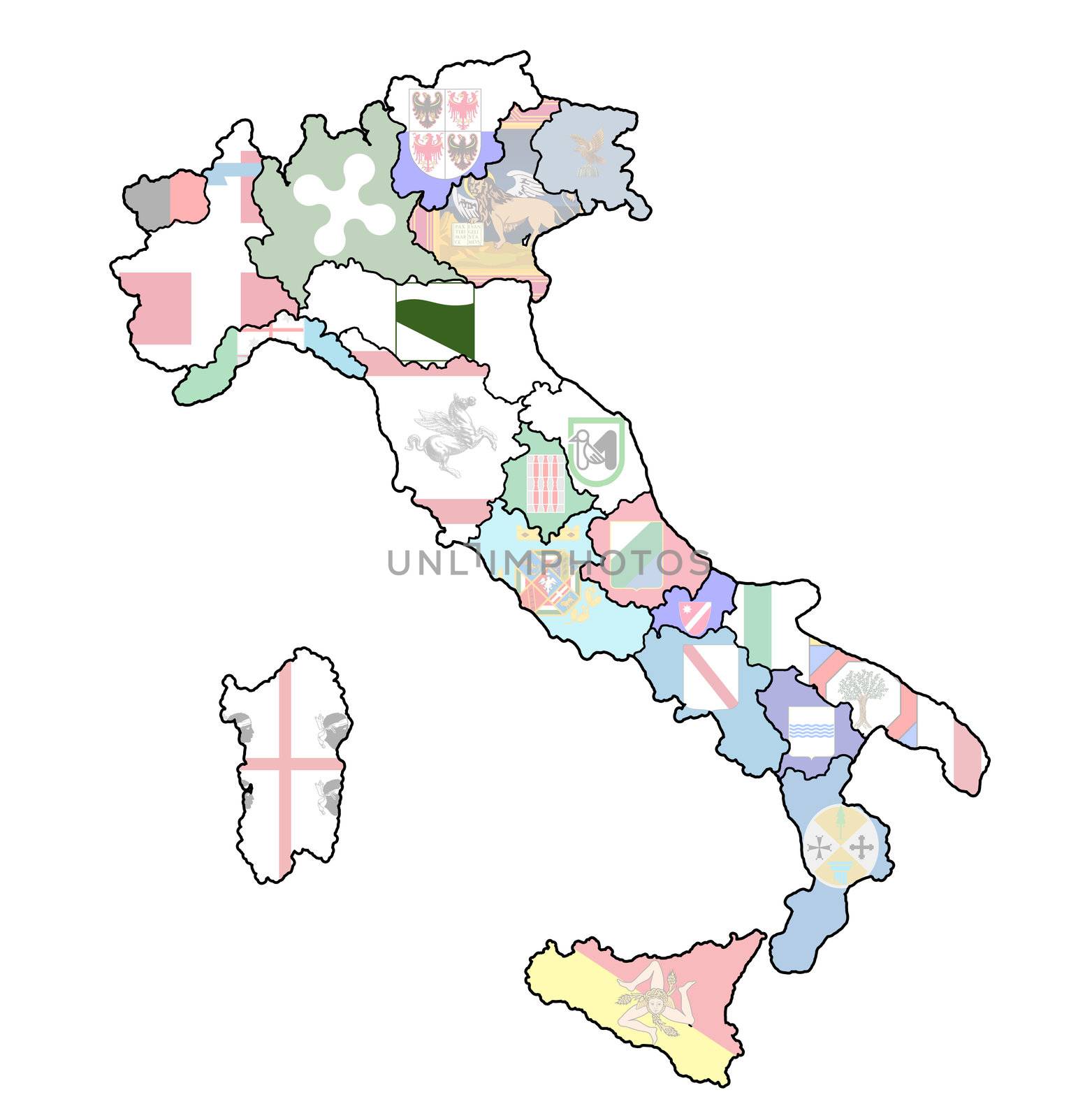 emilia romagna region on administration map of italy with flags