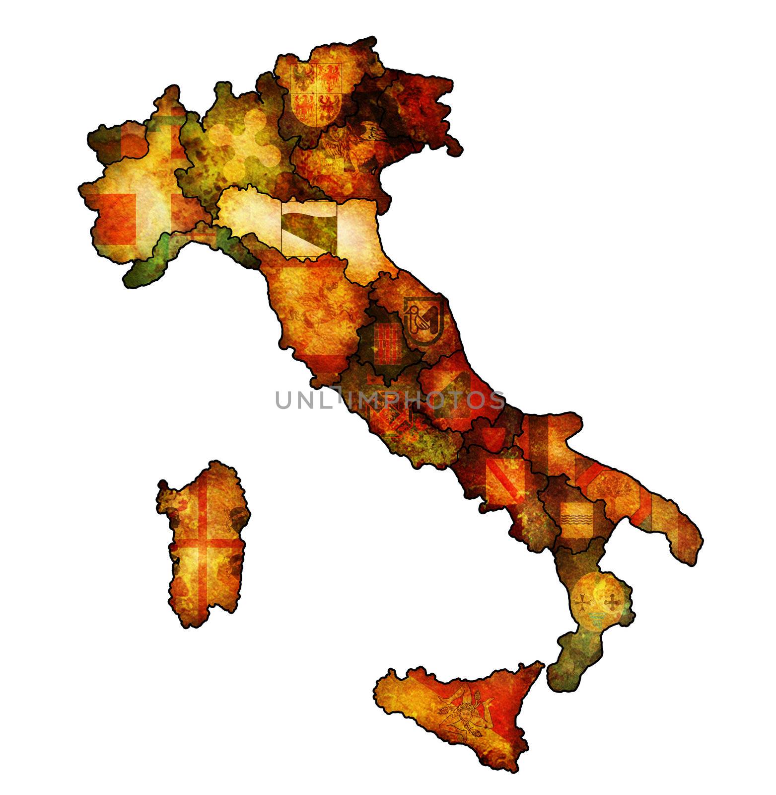 emilia romagna region on administration map of italy with flags