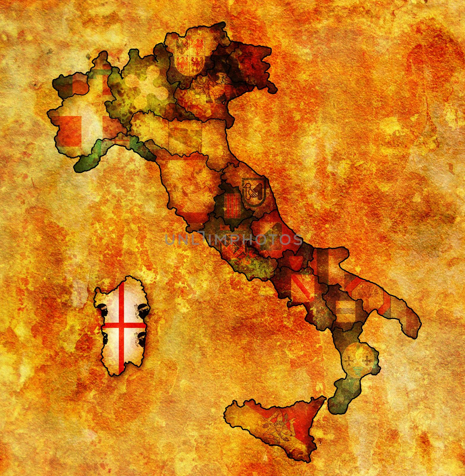 sardinia region on administration map of italy with flags