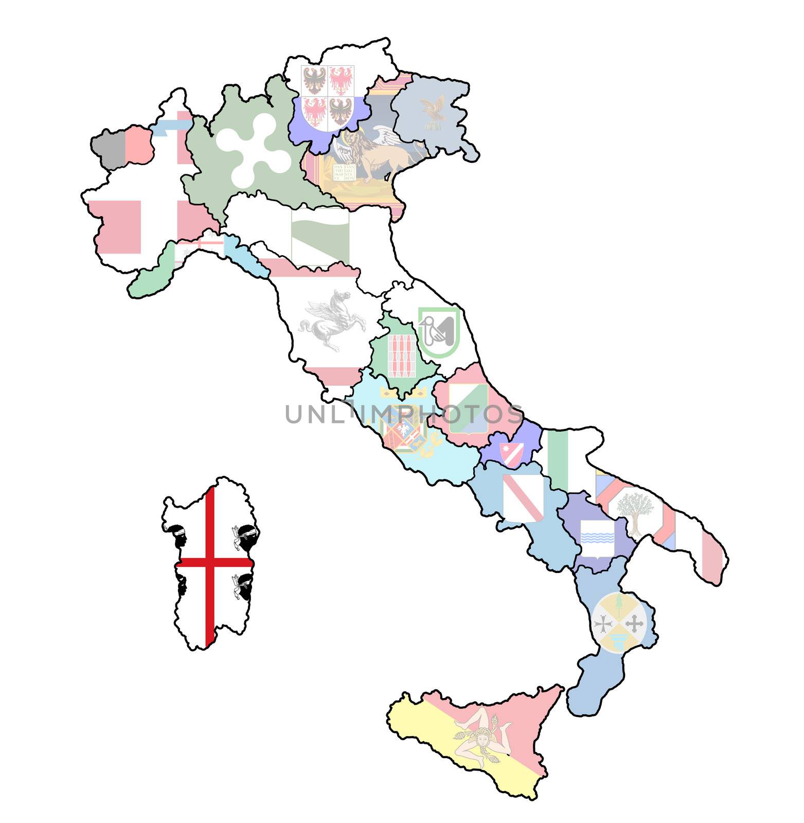 sardinia region on administration map of italy with flags