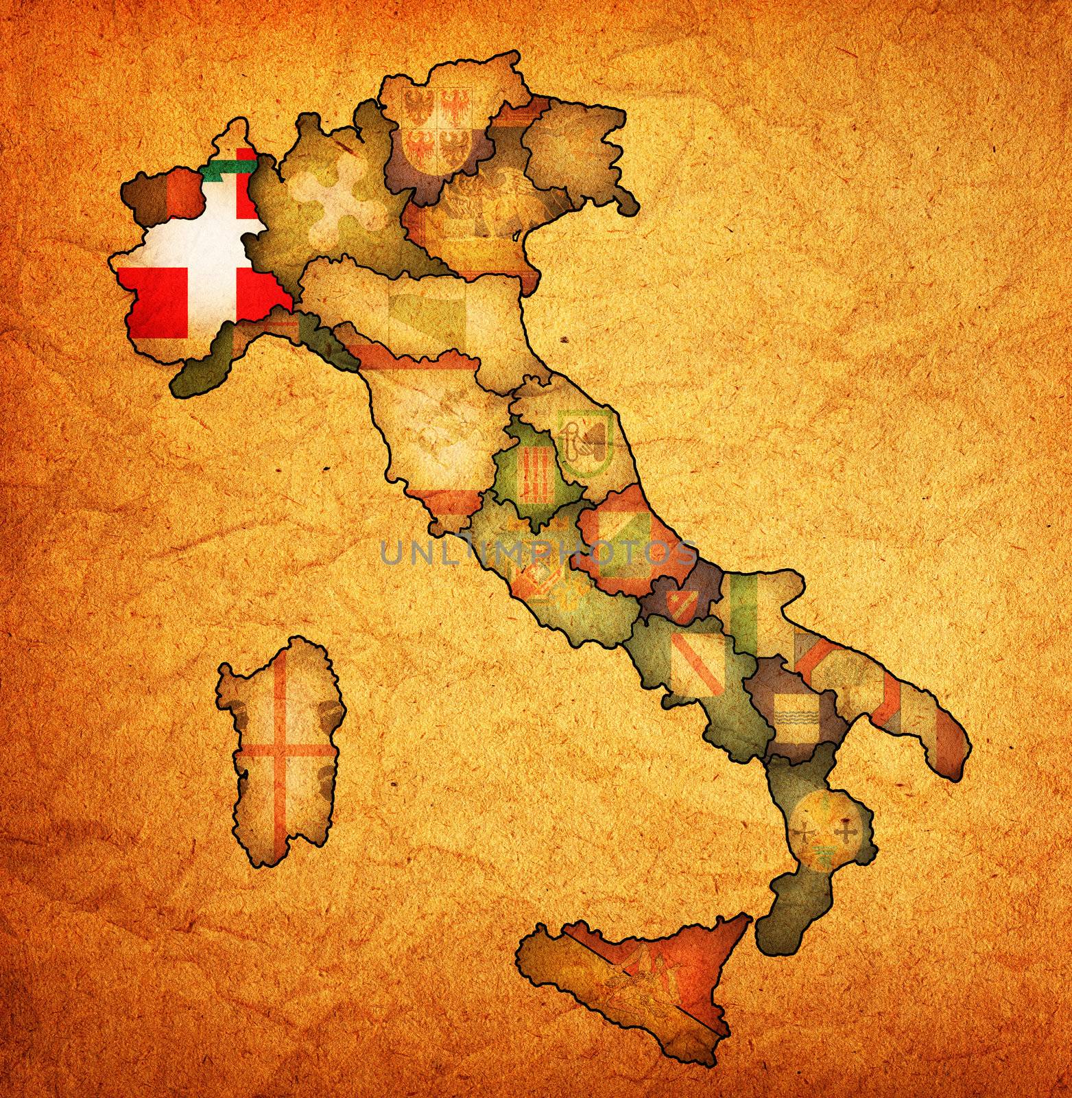 piedmont region on administration map of italy with flags