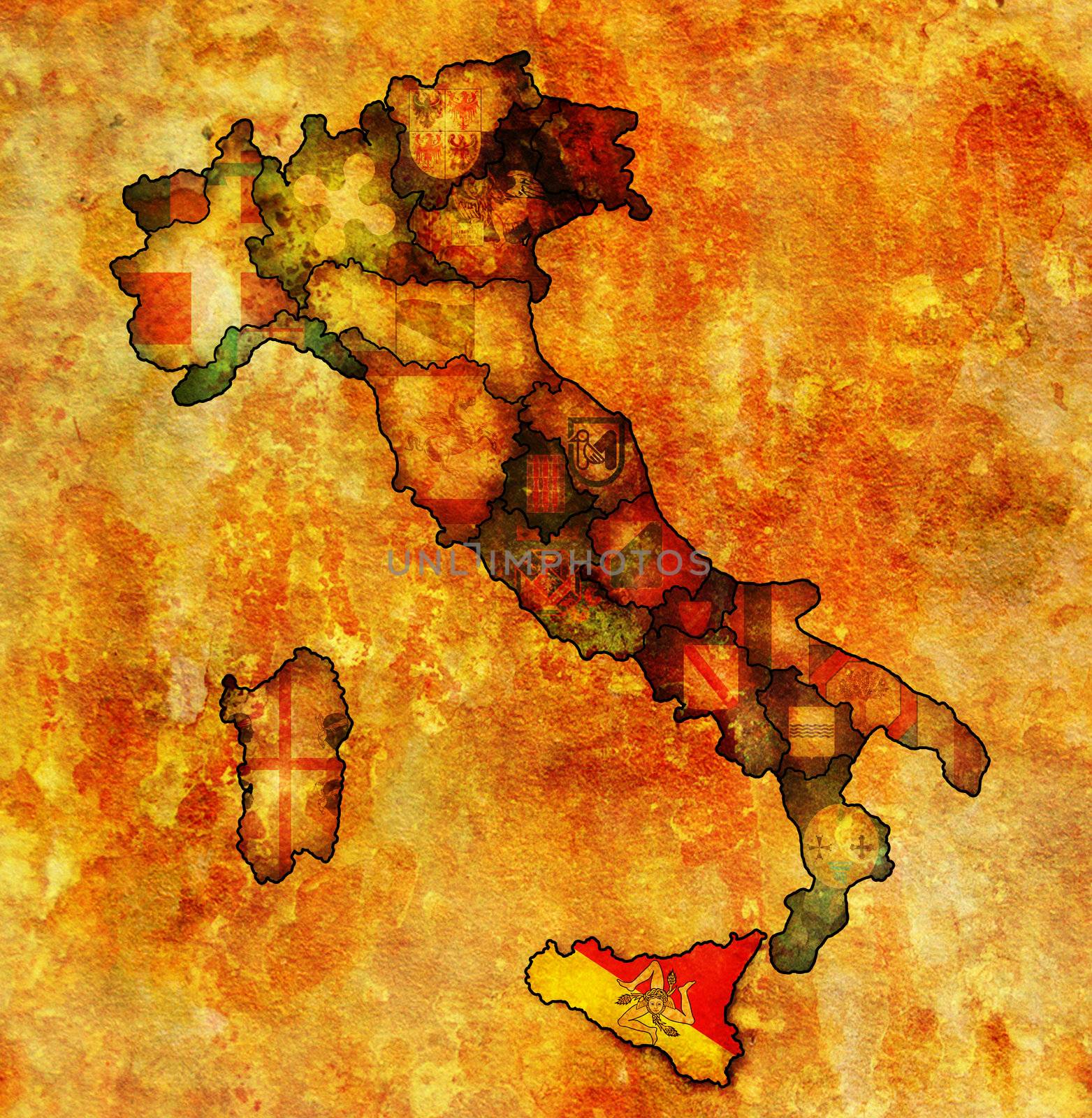 sicily region on administration map of italy with flags