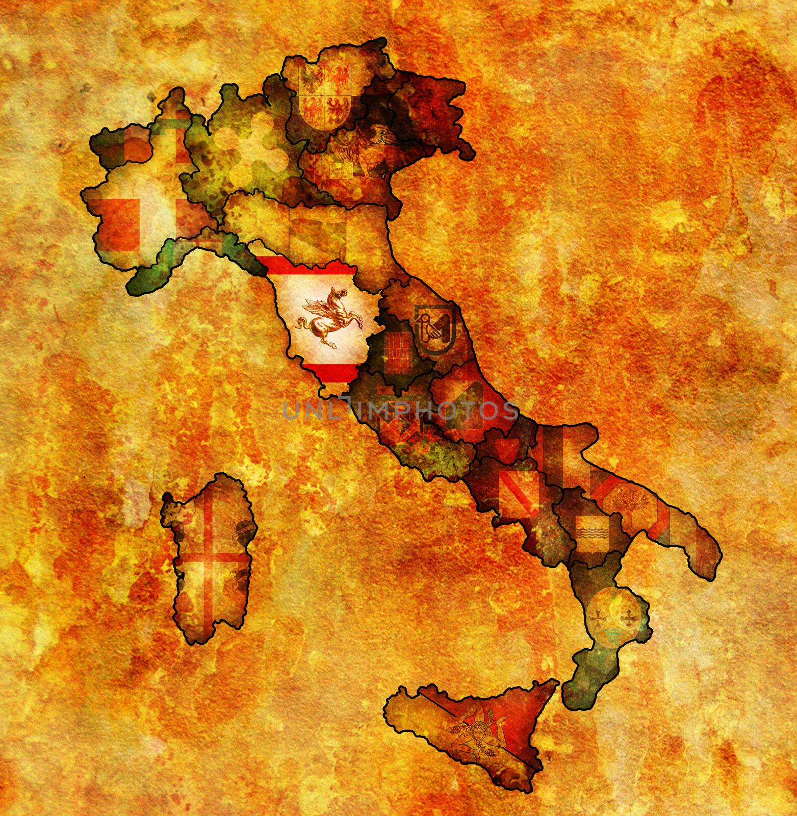 tuscany region on administration map of italy with flags