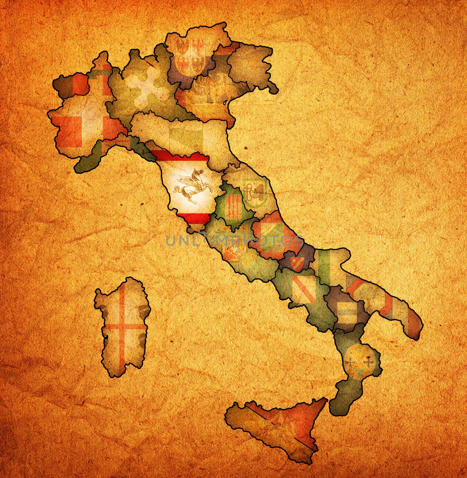 tuscany region on administration map of italy with flags