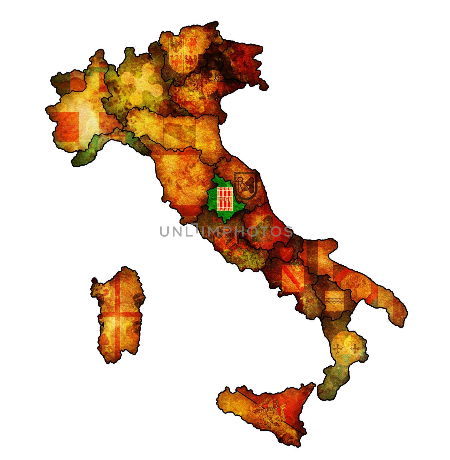 umbria region on administration map of italy with flags