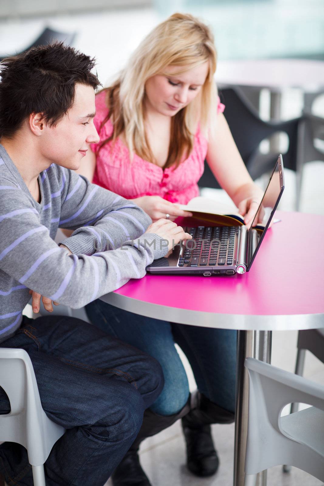 Two college students having fun studying together, using a laptop computer on campus, between classes (shallow DOF, color toned image)