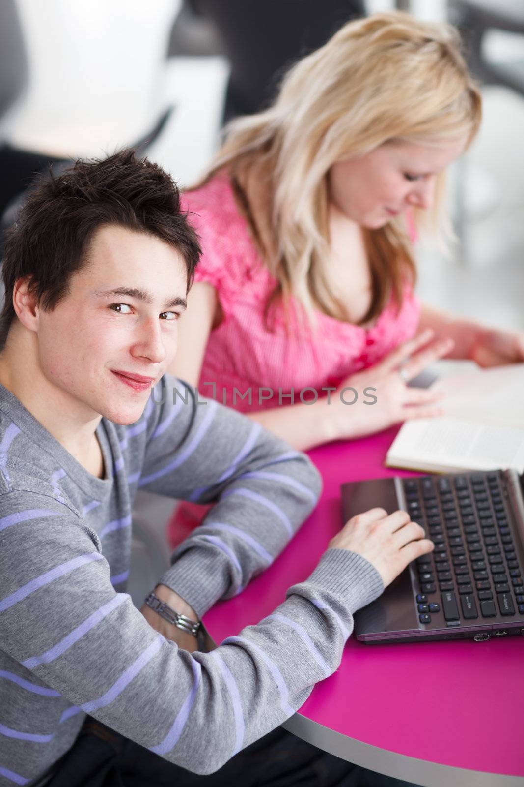 Two college students having fun studying together, using a laptop computer on campus, between classes (shallow DOF, color toned image)