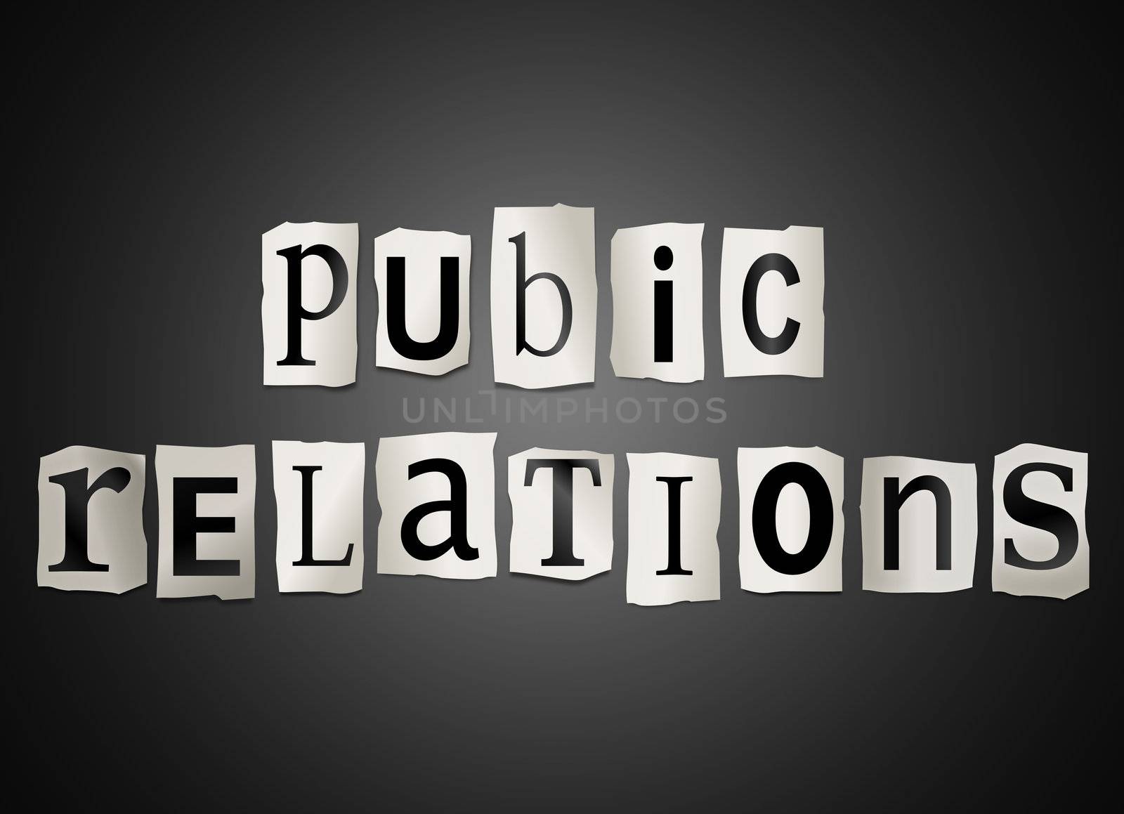 Illustration depicting cutout printed letters arranged to form the words public relations.