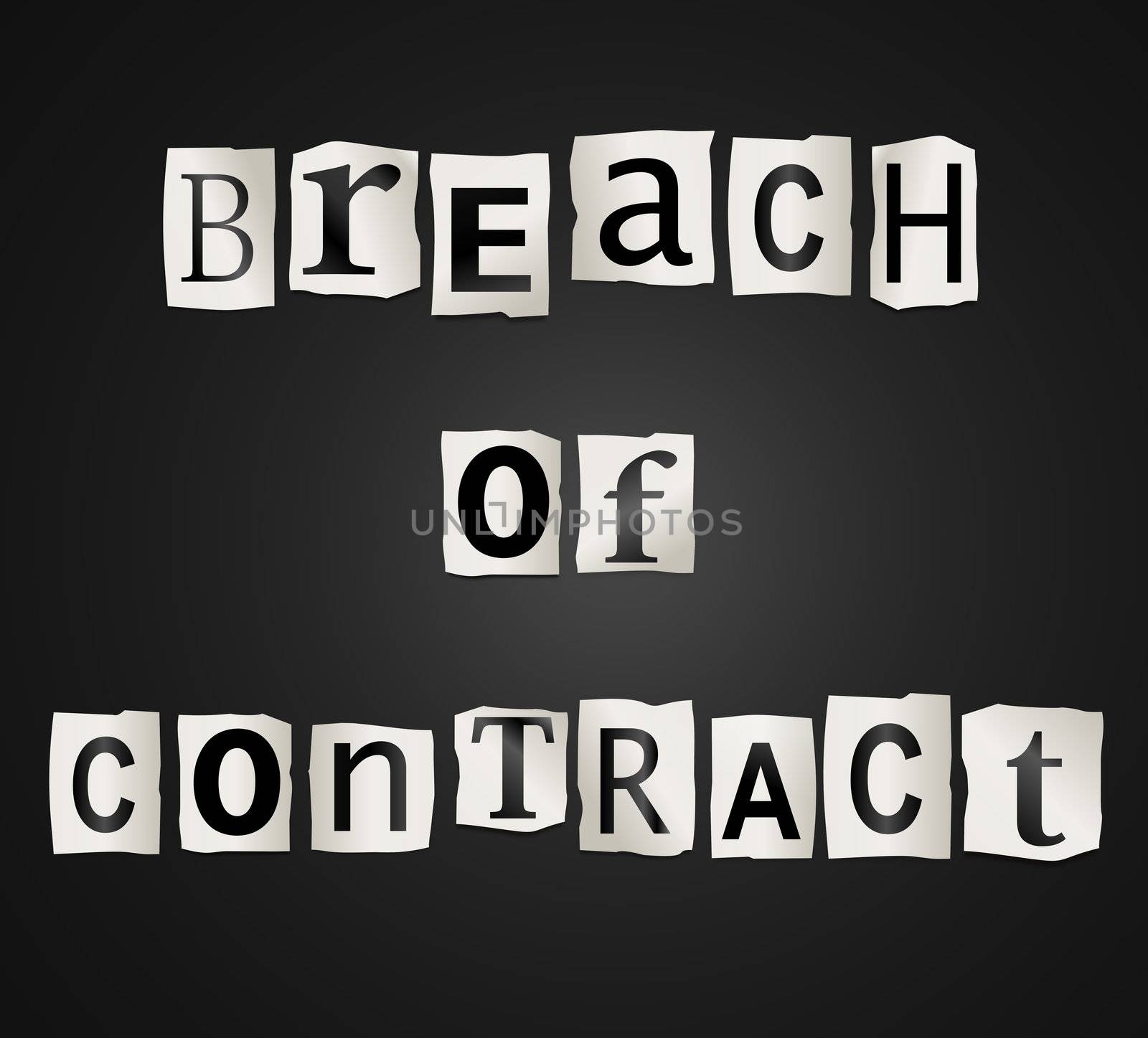 Illustration depicting cutout printed letters arranged to form the words breach of contract.
