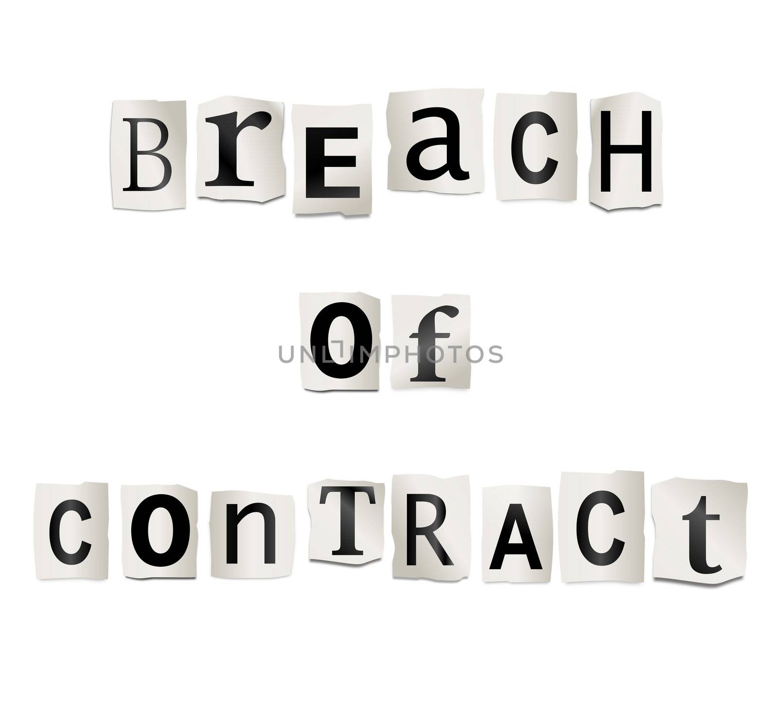 Illustration depicting cutout printed letters arranged to form the words breach of contract.