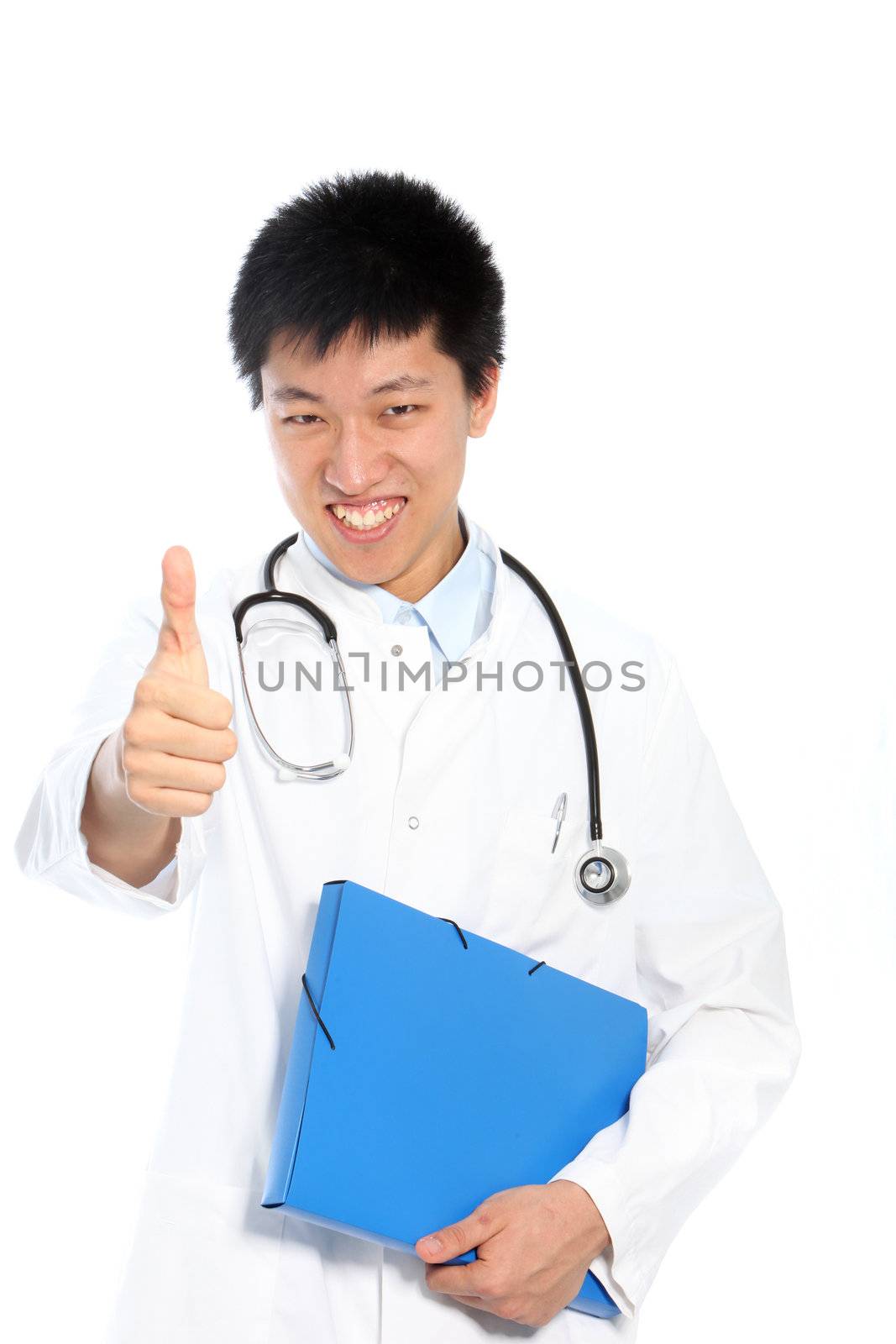 Happy Asian young male doctor showing thumb up and holding a folder