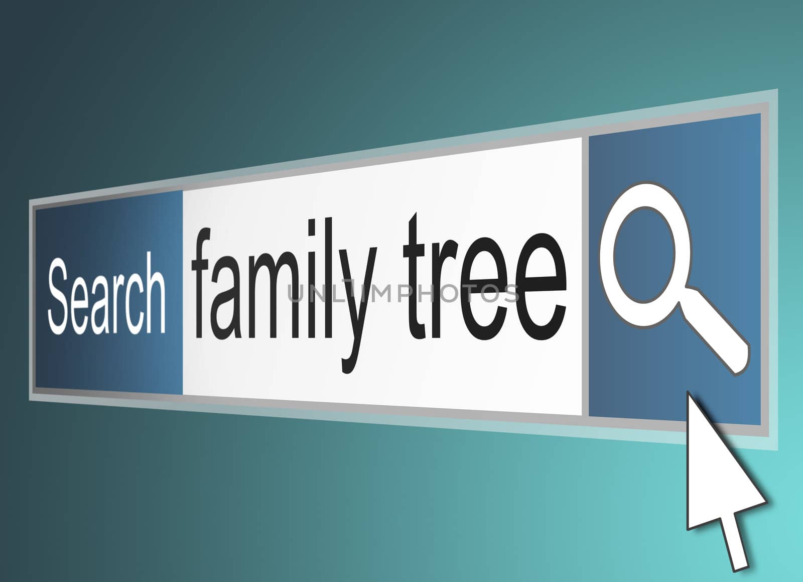 Illustration depicting a computer screenshot of a search bar with the words family tree.