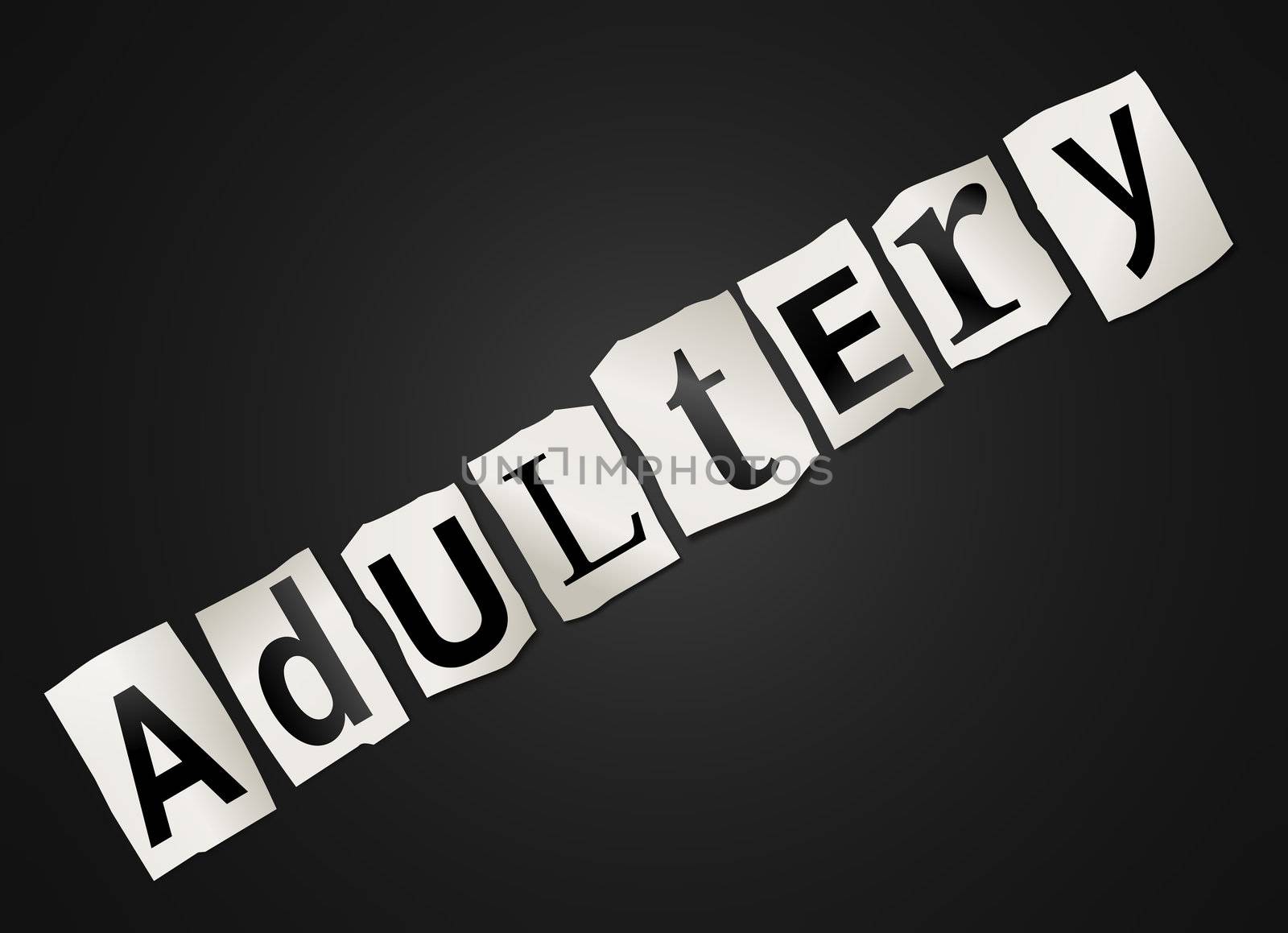 Illustration depicting cutout printed letters arranged to form the word adultery.