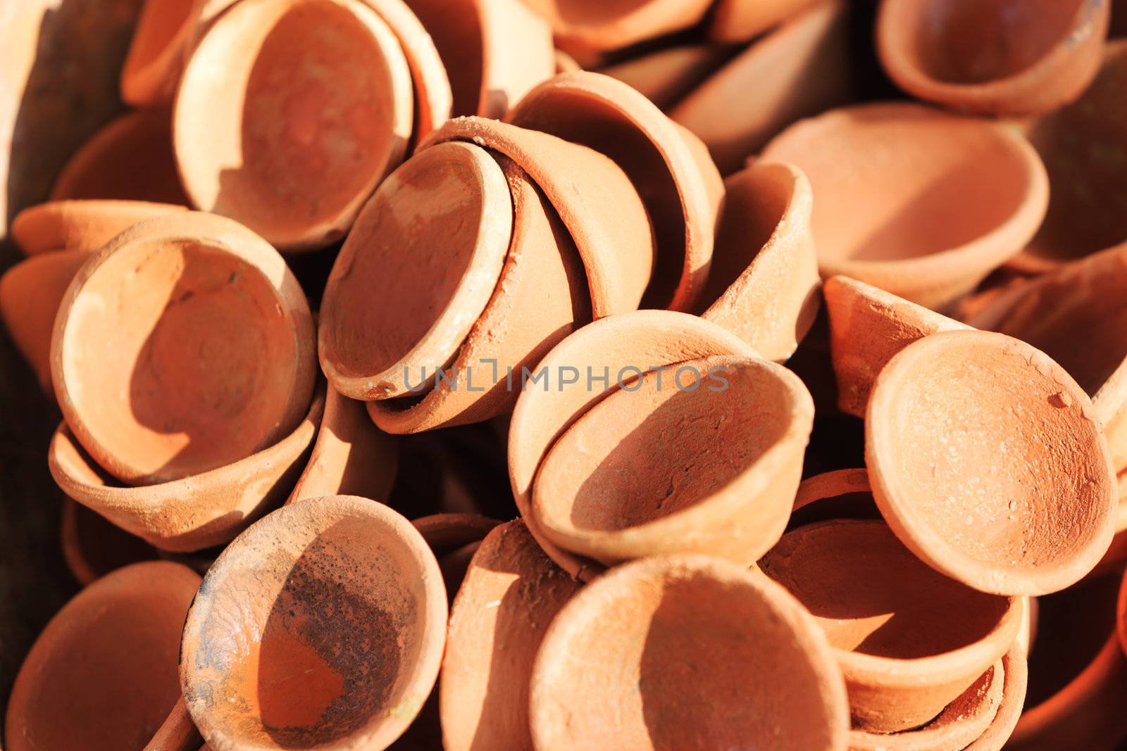 Clay pots for sale. India, Asia. Background