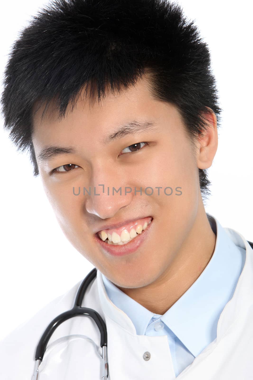 Close up portrait of friendly asian doctor on white background