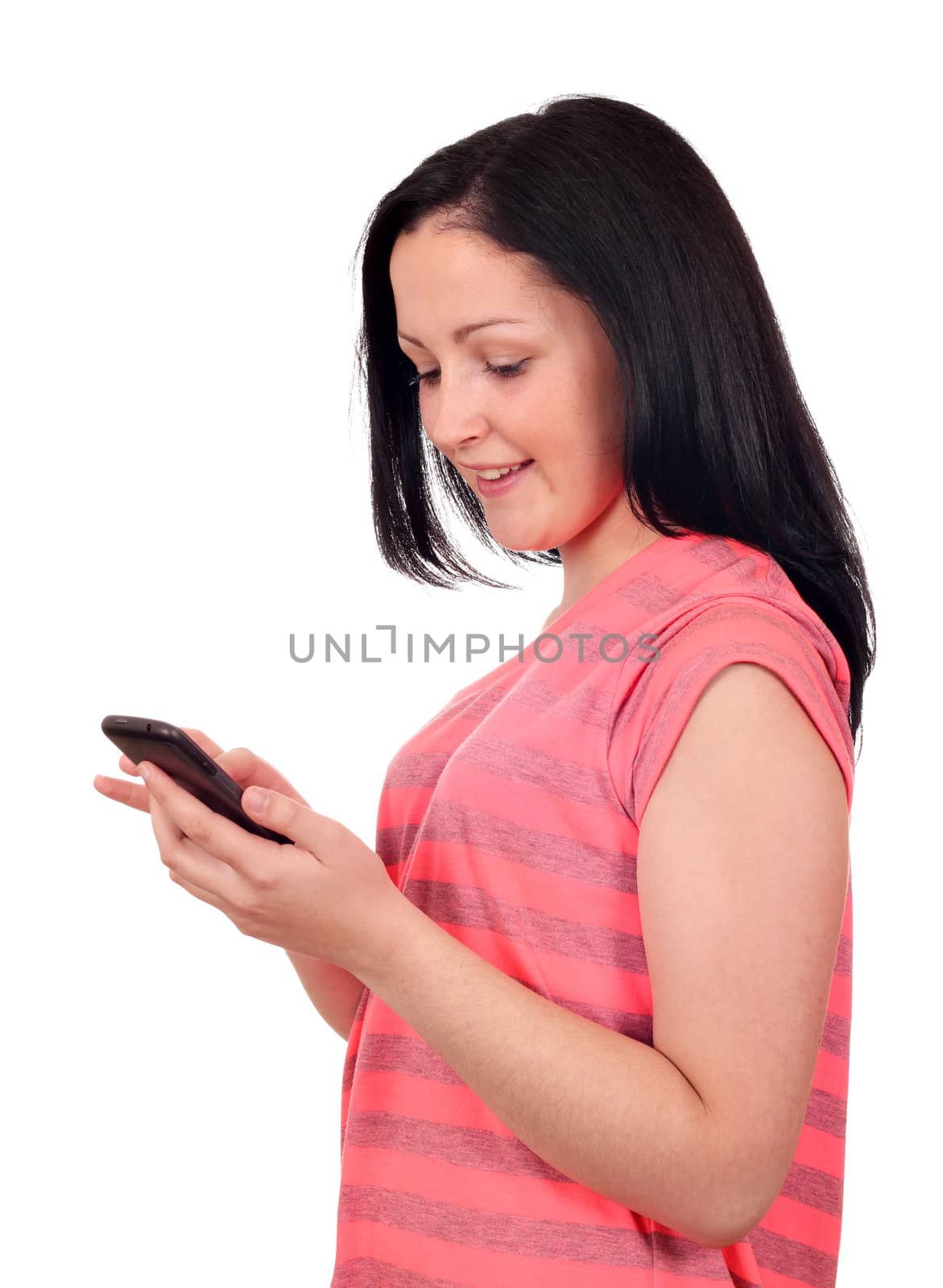teenage girl with smart phone on white