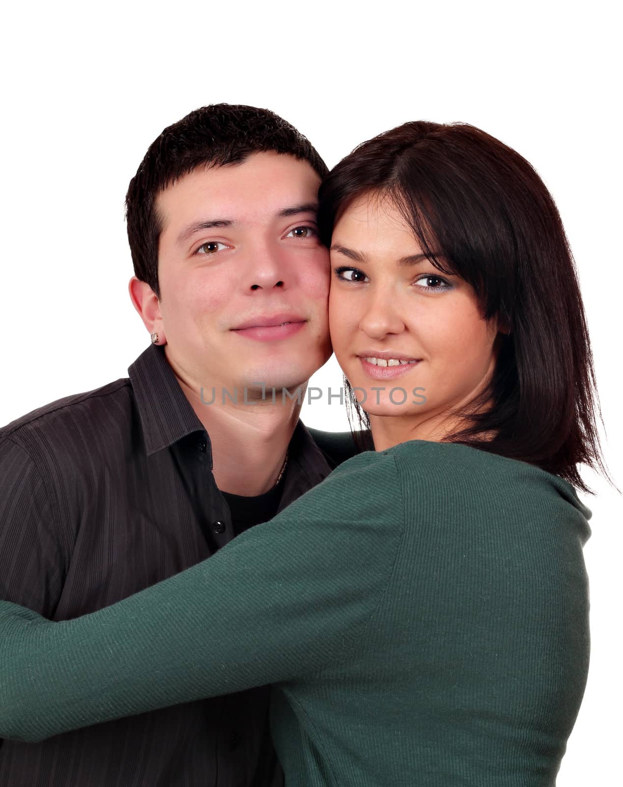 guy and girl couple portrait on white  by goce