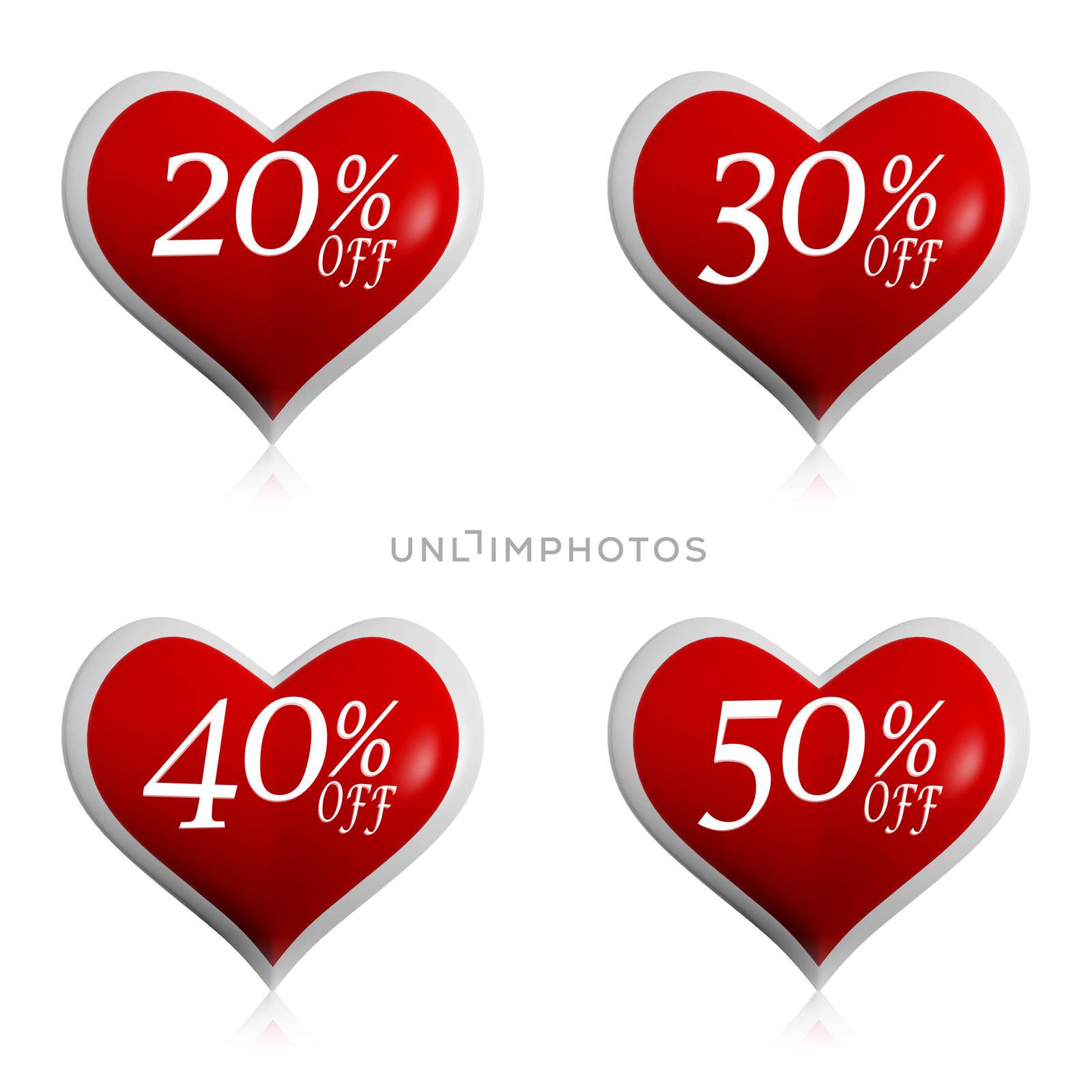 different percentages off rebate in 3d red hearts buttons, valentines day sale, seasonal business concept