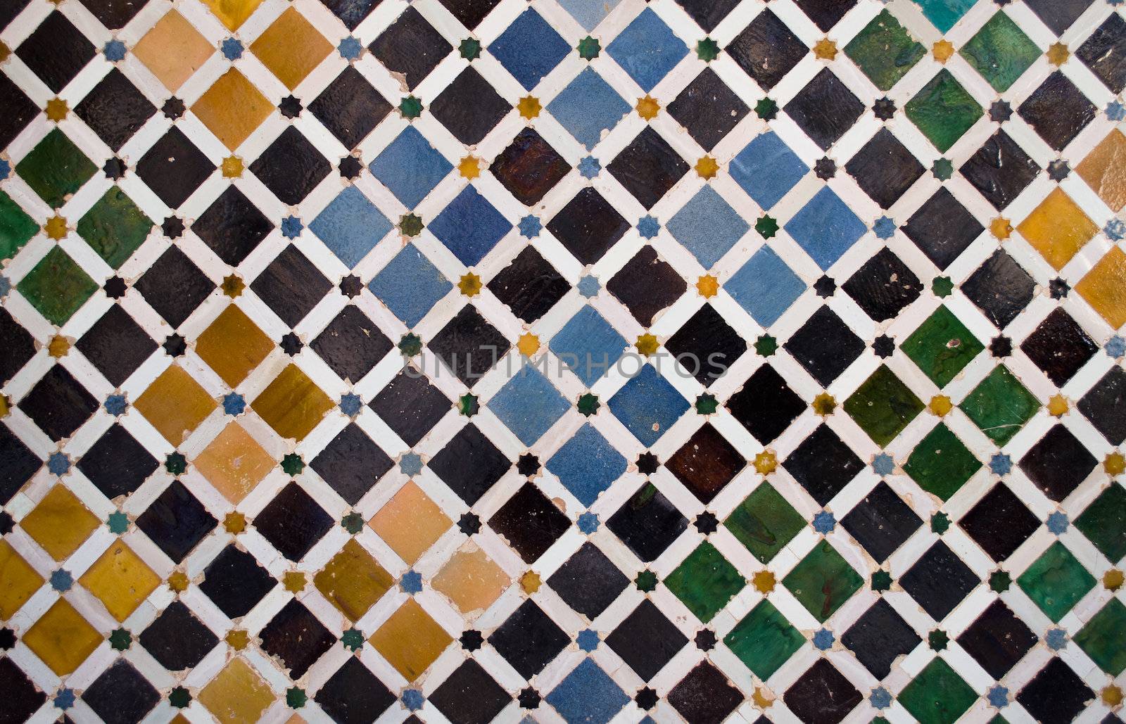 Pattern or texture of ceramic tiles mosaic found in the Alhambra, in Spain