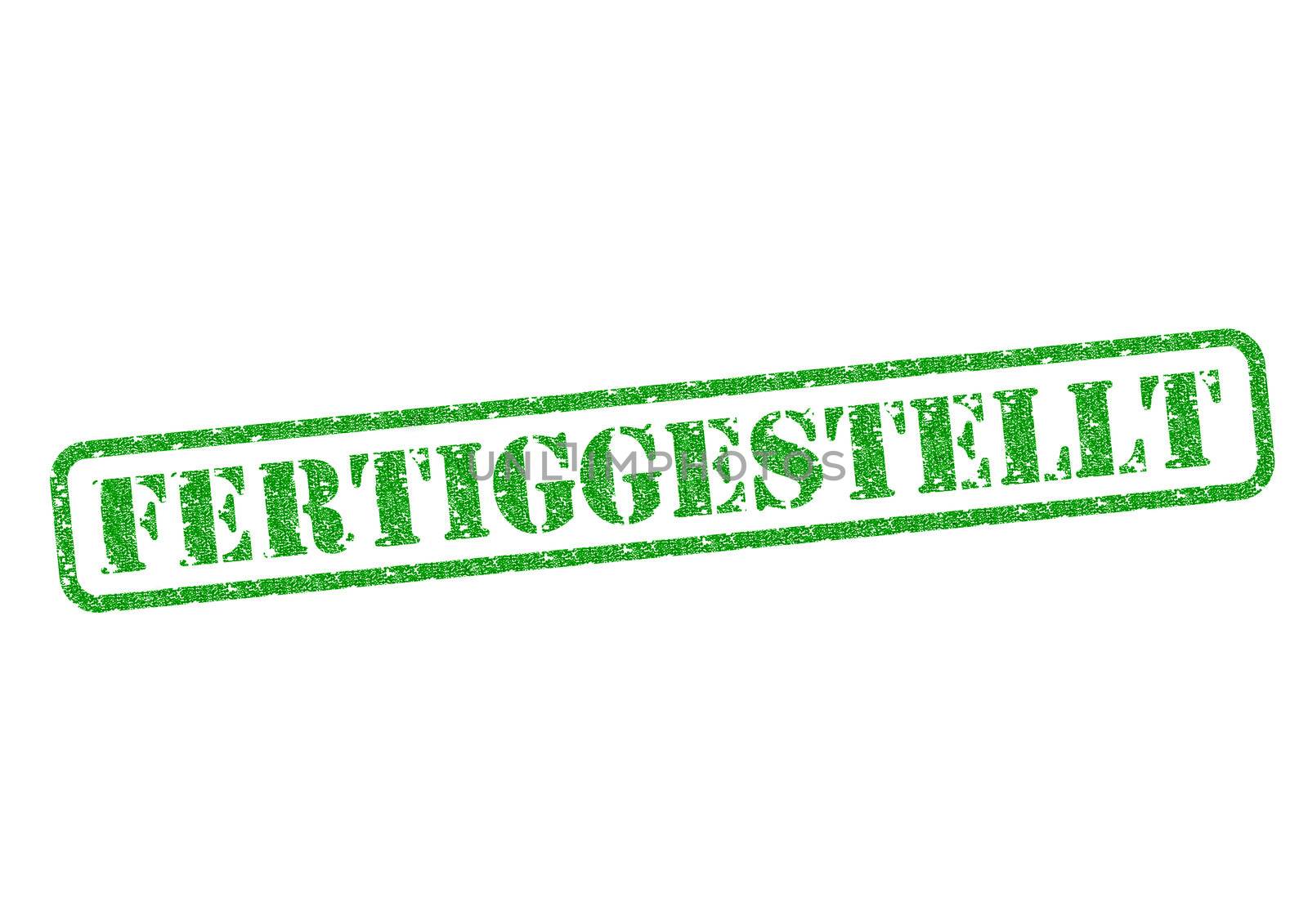 Fertiggestellt (Completed) Stempel/Stamp over a white background.