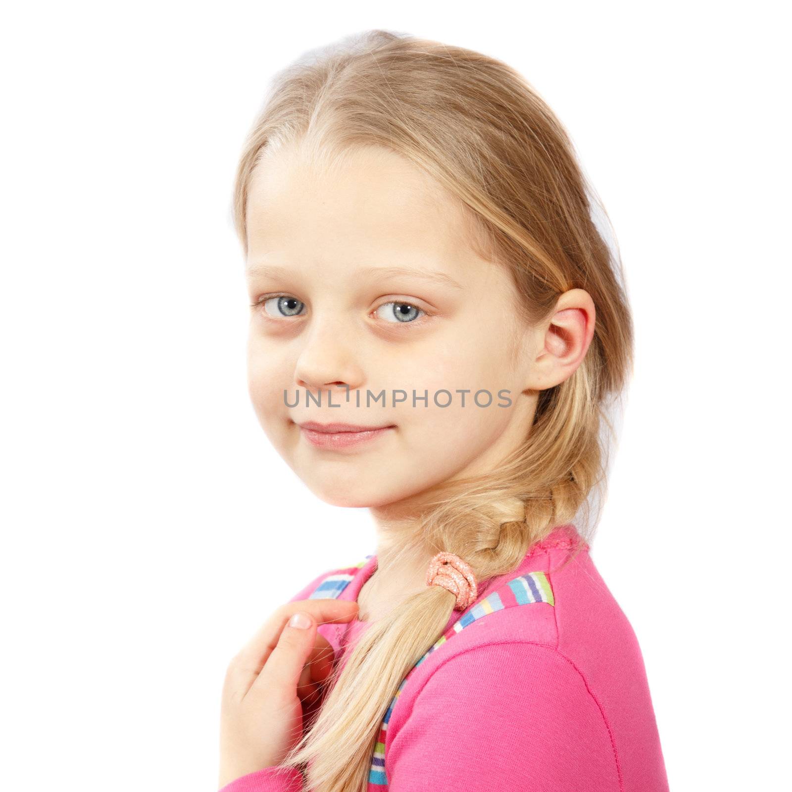 smiling little girl with long hair on a white background