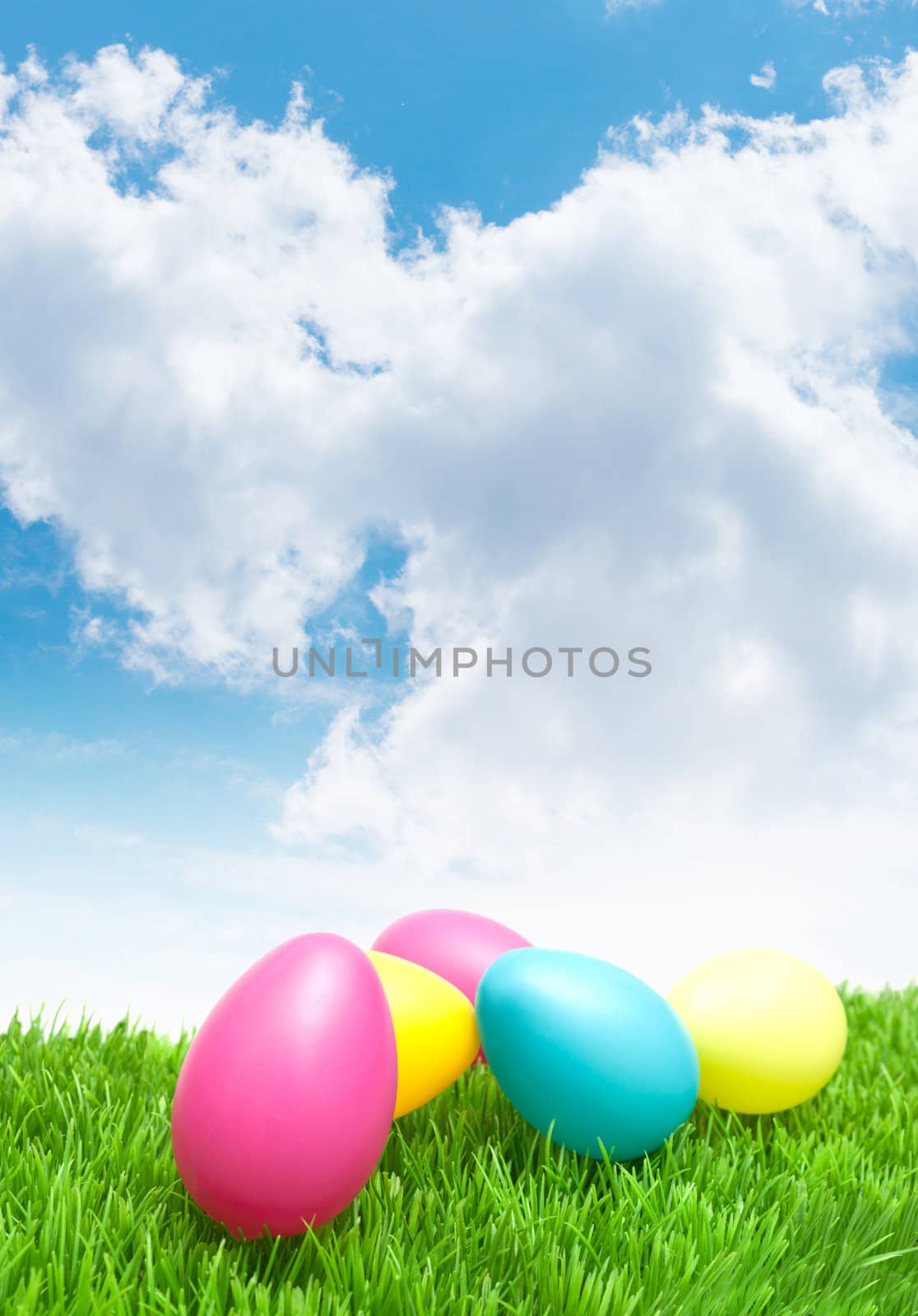 Color Easter Eggs in Grass Under Blue Sky